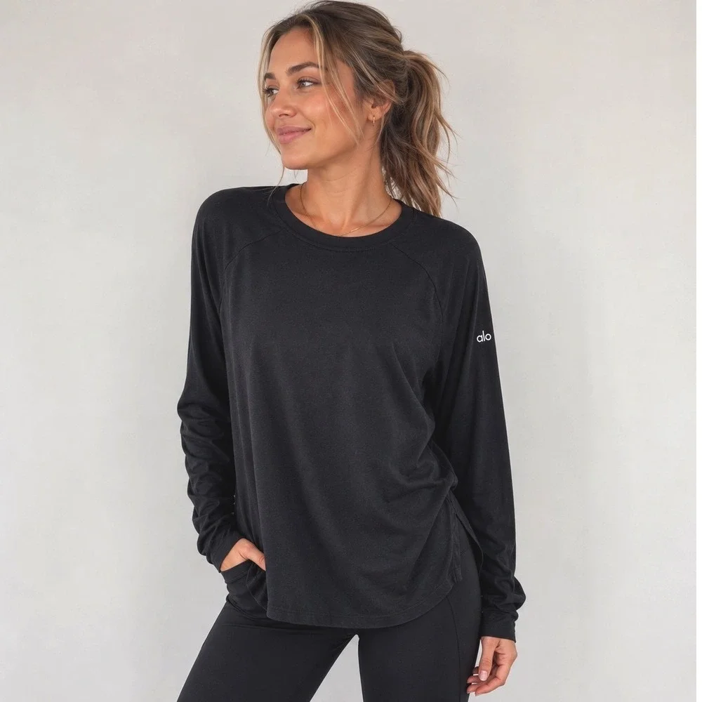 Alo Yoga T Shirt Women Long Sleeve Crew Neck Black Top M Athleisure Soft Knit